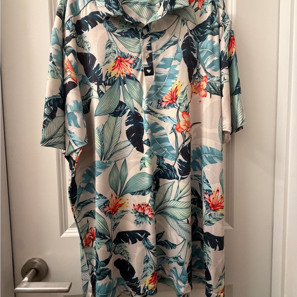 Bad Birdie Tropical Leaf Print Polo - Teal, Cream & Coral